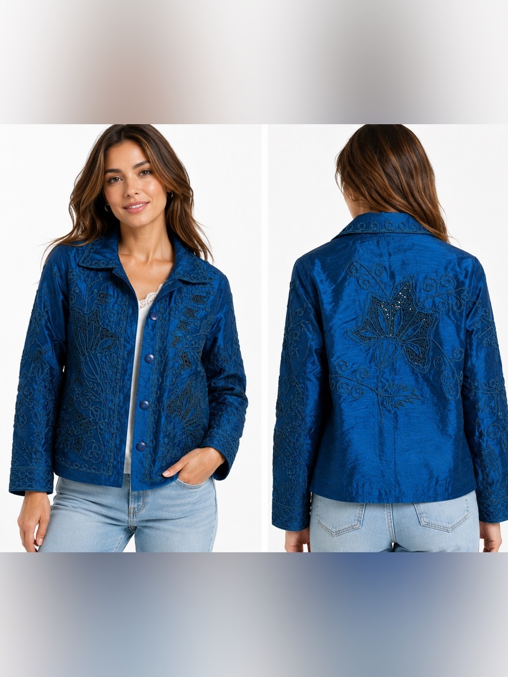 Coldwater Creek Blue Embroidered Button-Up Jean Jacket